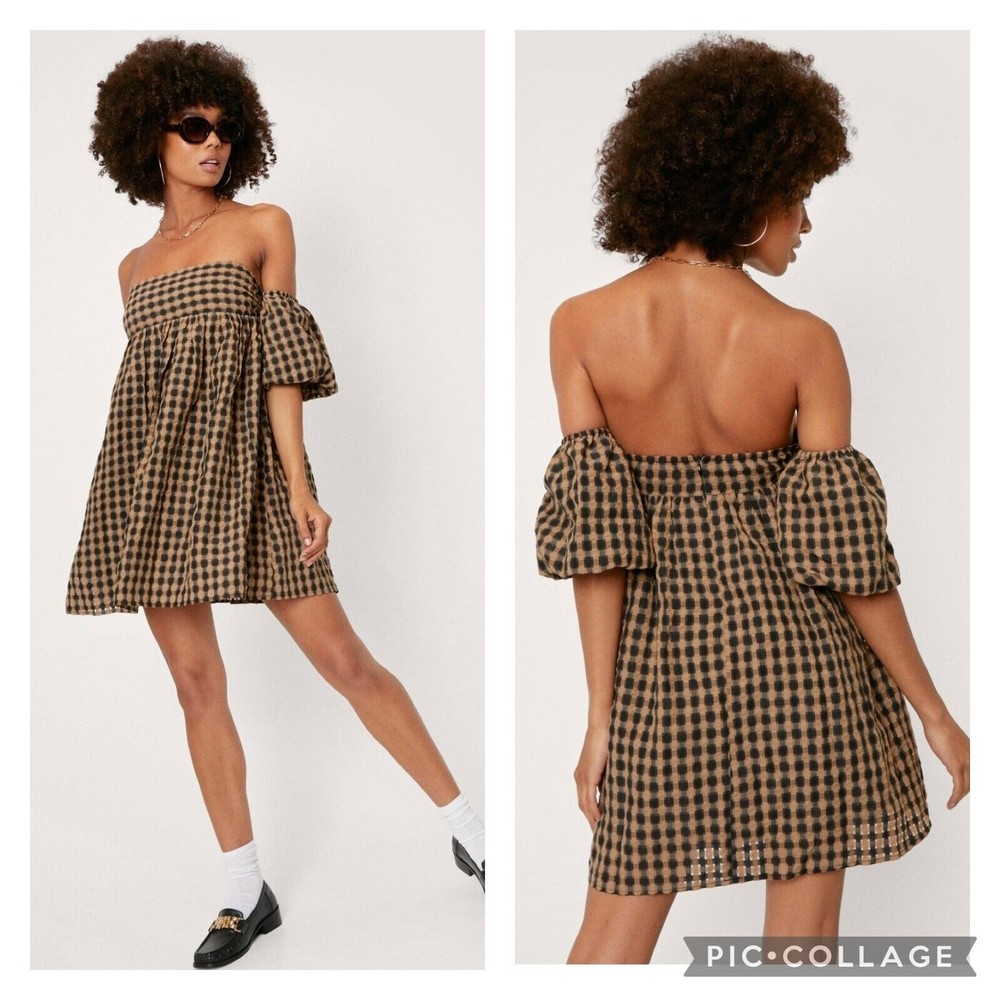Nasty Gal Brown Black Gingham Puff Sleeve Mini Dress off Shoulder Sz 4